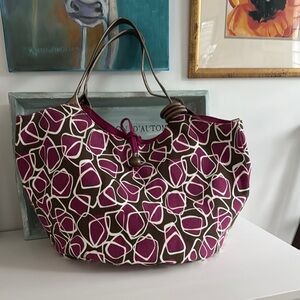 Purple and Brown Geometric Tote Bag with Faux Leather Metallic Handles
